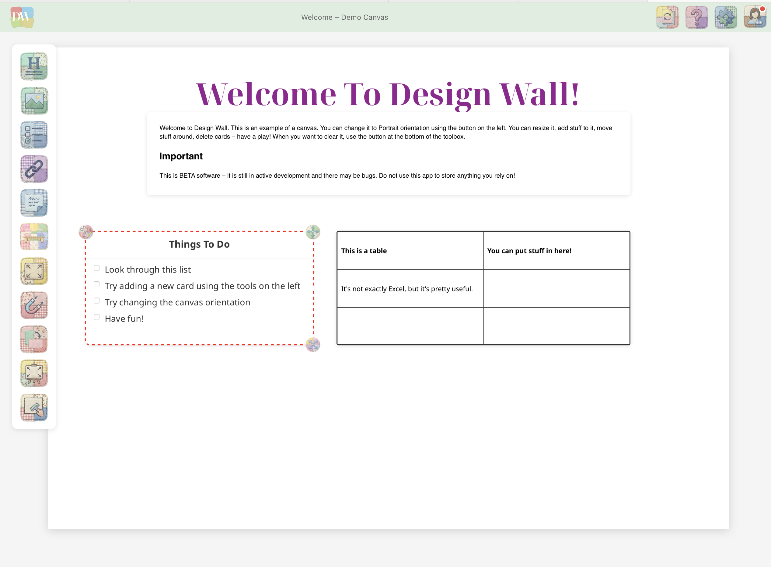 Design Wall app showing a craft project canvas